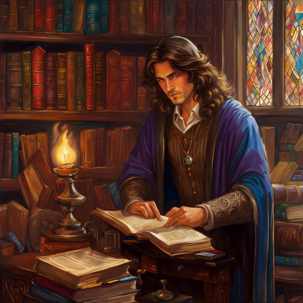 Young Wizard Pauses in Library, Pre-Raphaelite Style