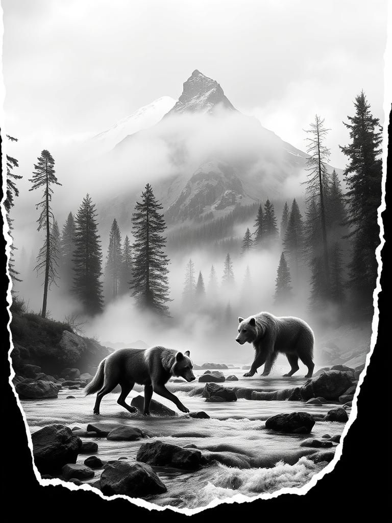 Wolf and Bear Battle in Mountain Landscape