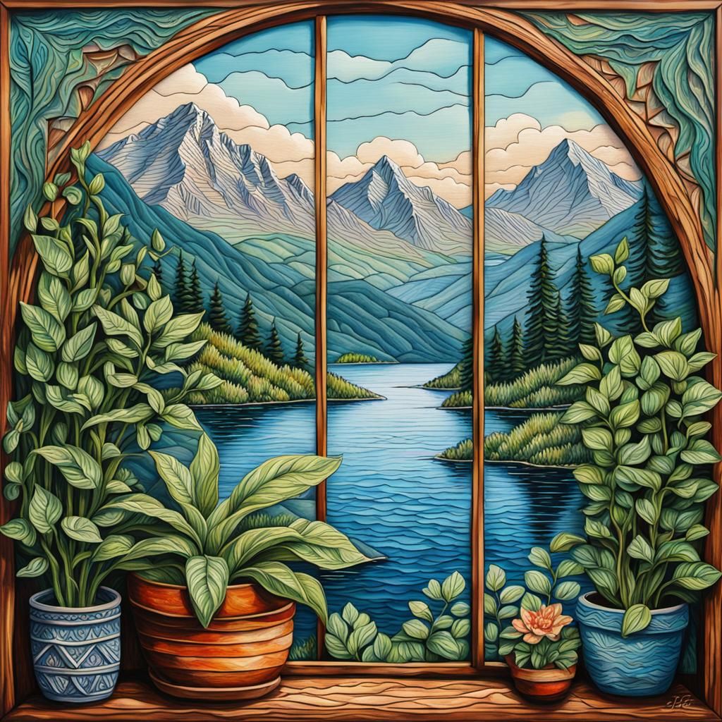 Window View with Hanging Plant in Impasto Style