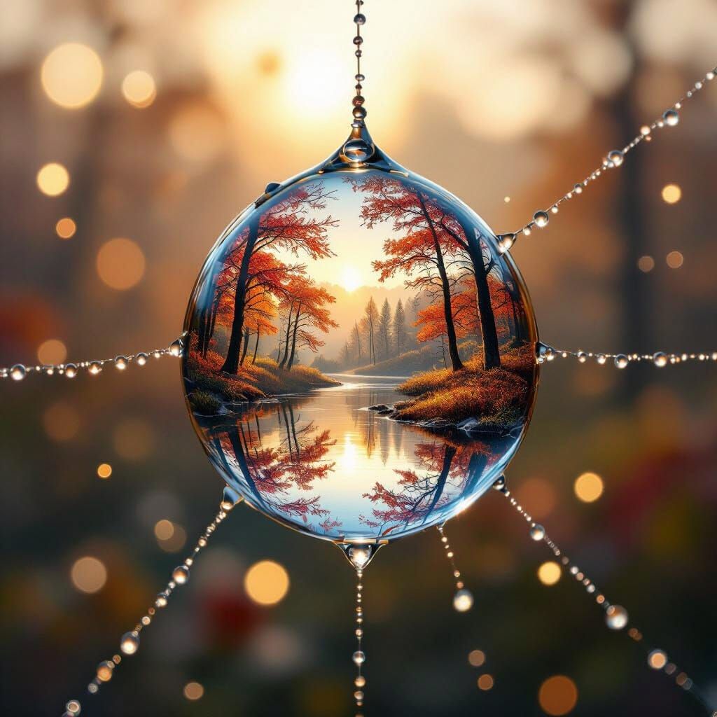 Dewdrop Reflection of Miniature Autumn Forest on Spiderweb