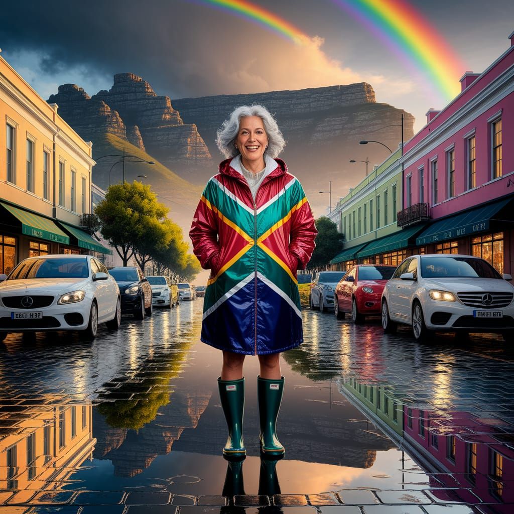 Woman in South African Flag Raincoat, Oil Painting