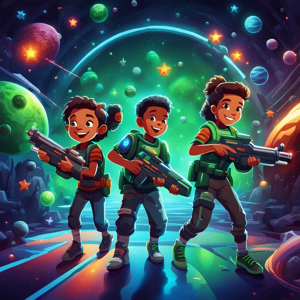 Kids Play Laser Tag in Space Arena, Cartoon Style