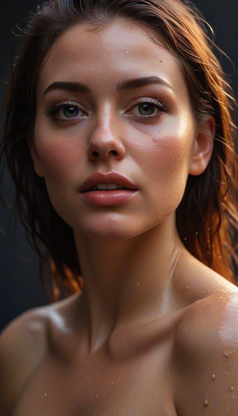 Sensual Naturist Woman Admires Rainy Sky in Vibrant Oil Pain...