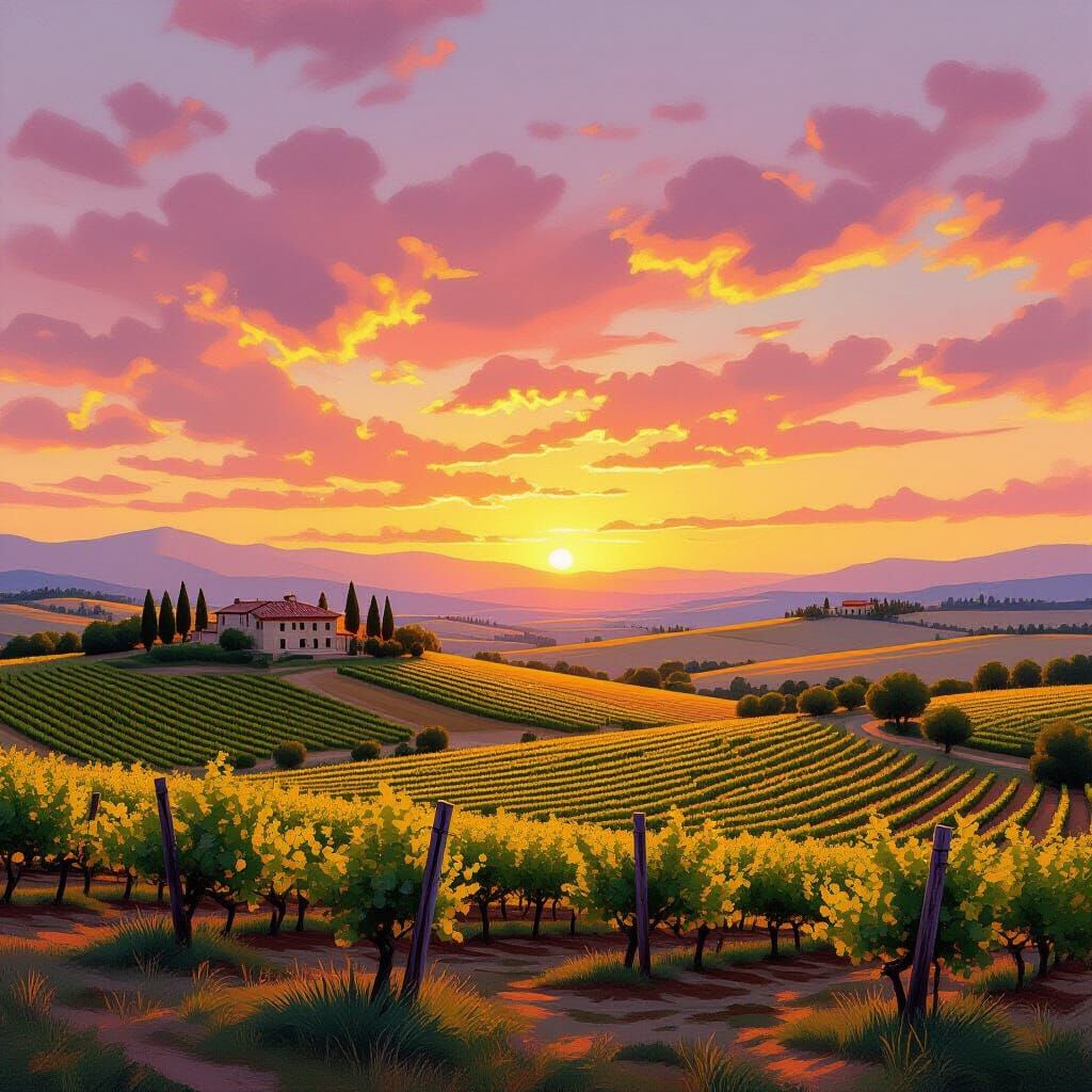 Tuscan Sunrise Landscape in Impressionist Style