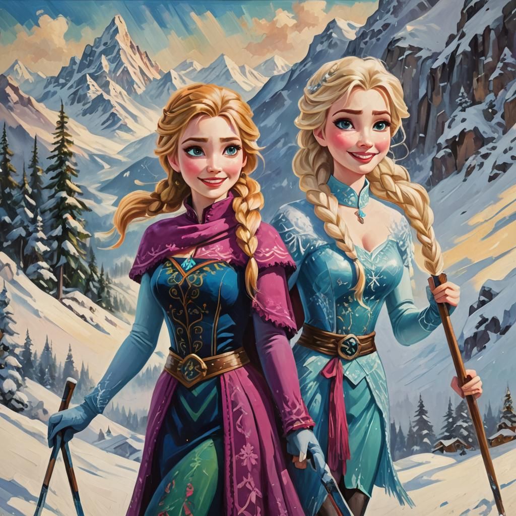 Anna and Elsa doing ski