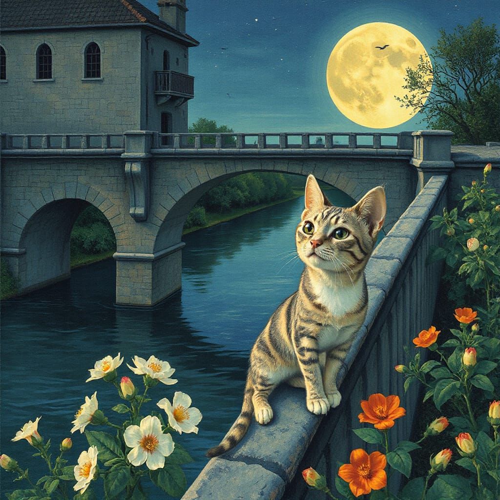 Whimsical Cat by Moonlit River in Woodblock Style