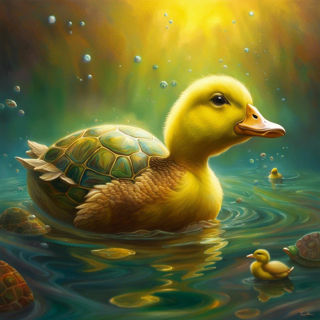 Turtle Duck Swimming: Hyperrealistic Concept Art