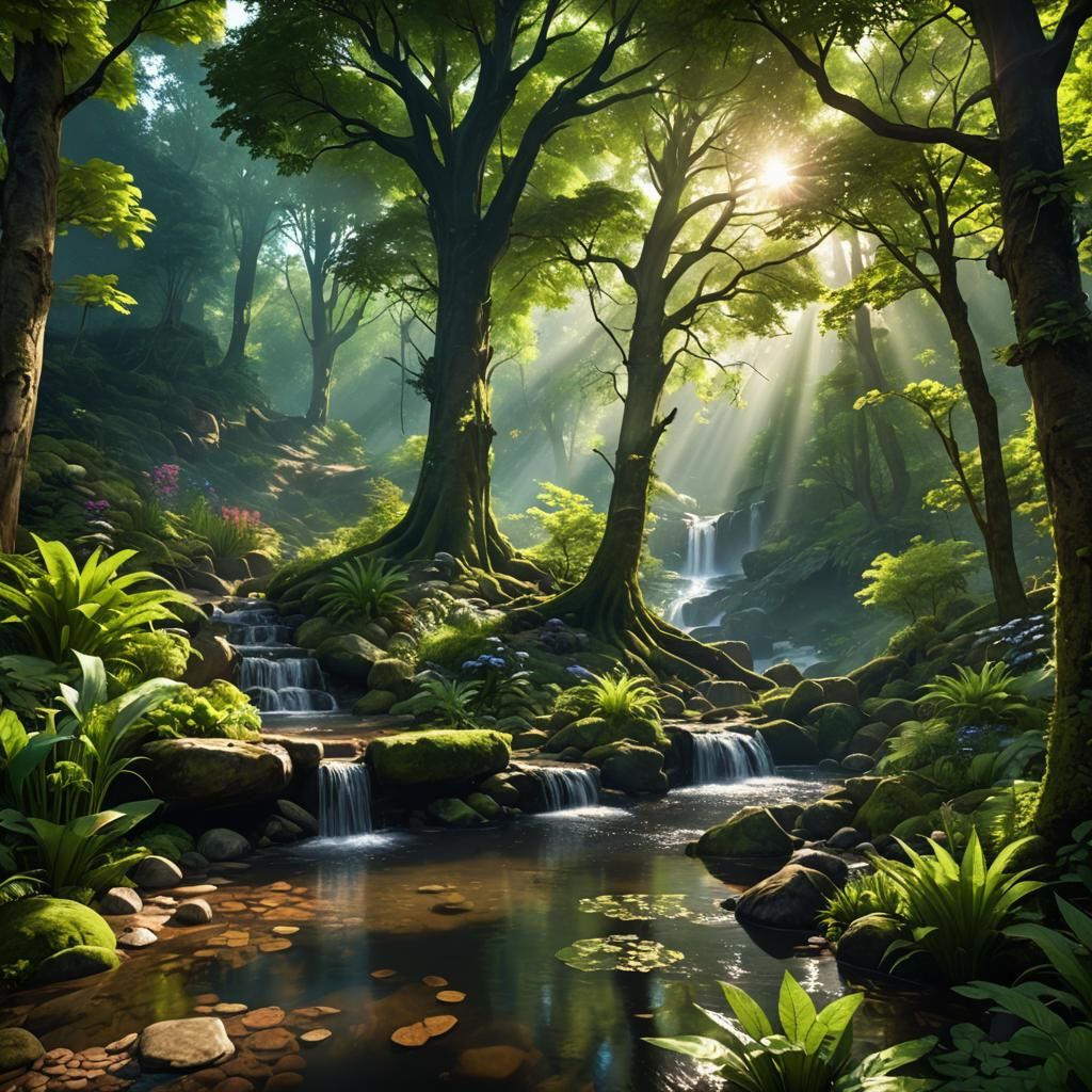 Sunlit Woodland Scene with Bubbling Pond