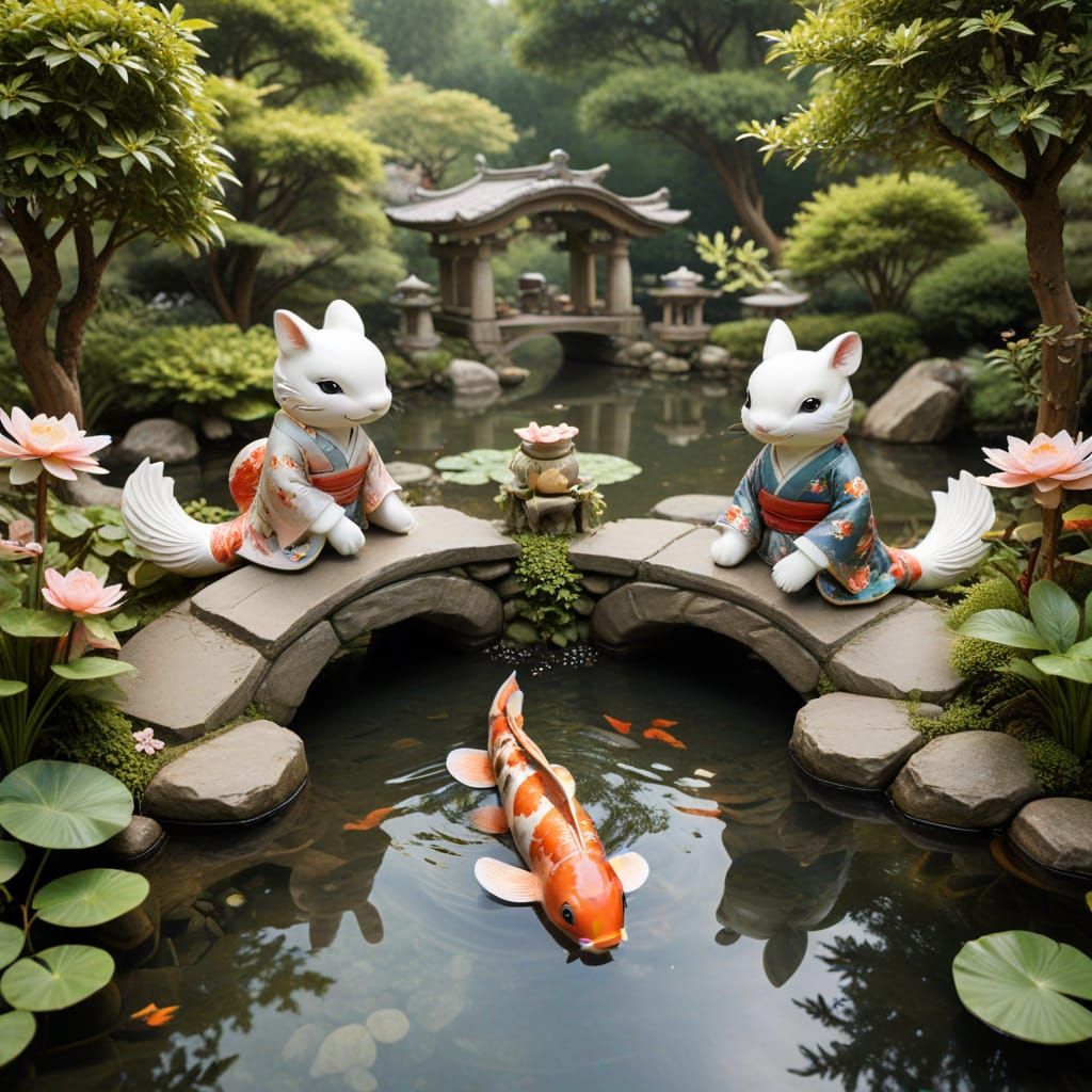 Anthropomorphic Koi Fish in Traditional Japanese Tea Ceremon...