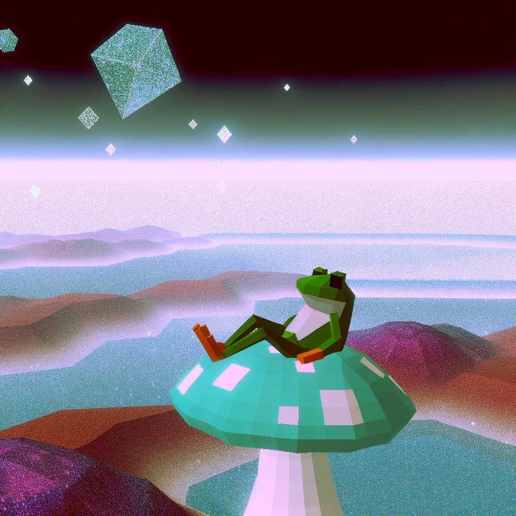 Pixelated Frog Amidst Ethereal Dreamscape