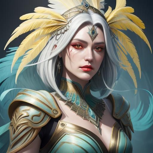 Silver Skinned Woman with Feathers in Art Deco Style