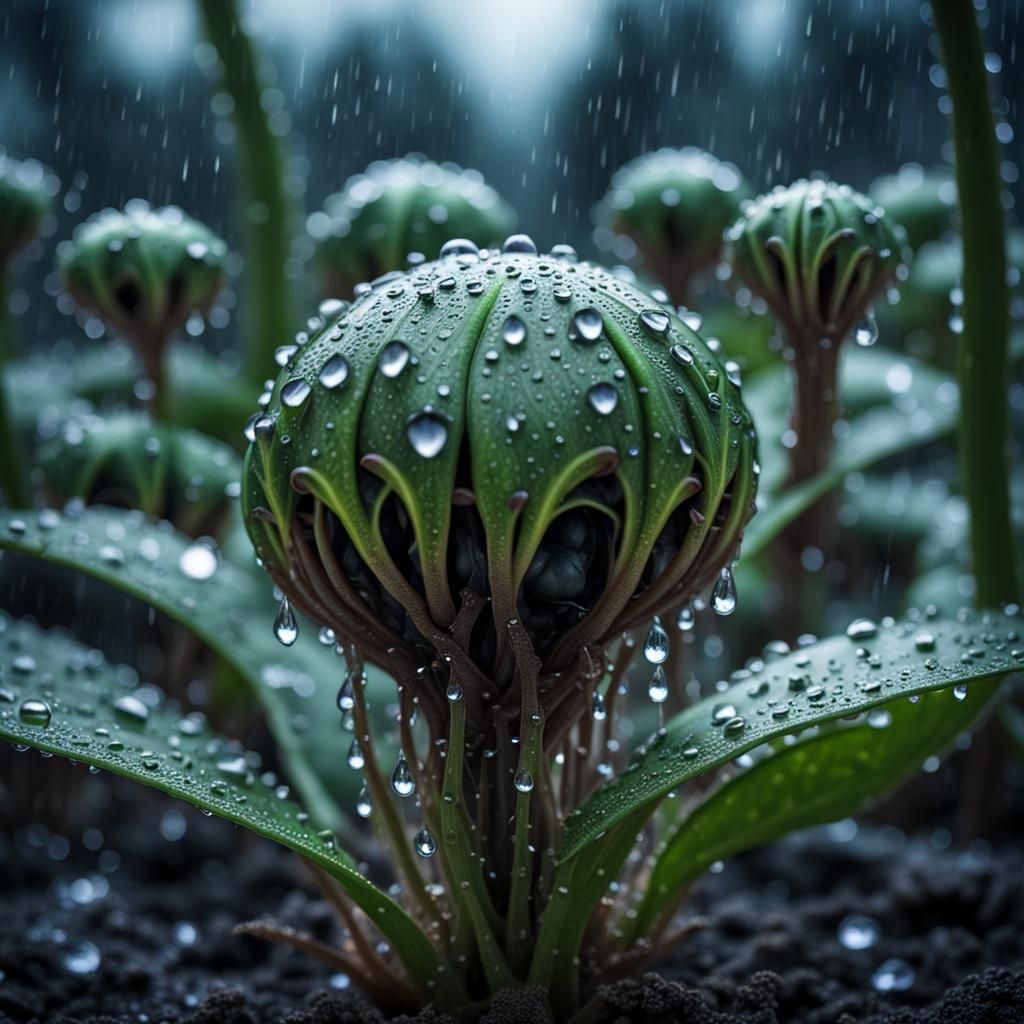 Alien Seedling Invasion in Raindrops: Fantasy Image