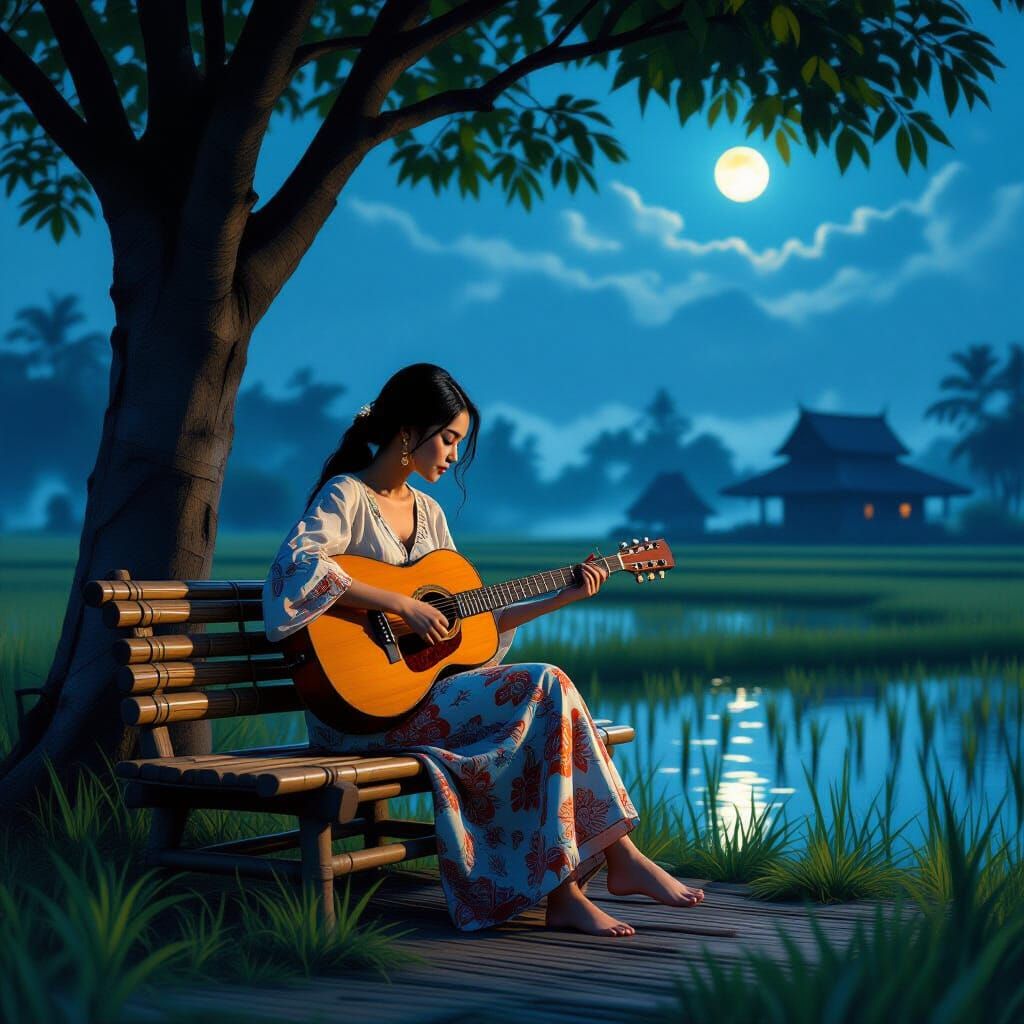 Malaysian Woman in Moonlit Paddy Field, Oil Painting