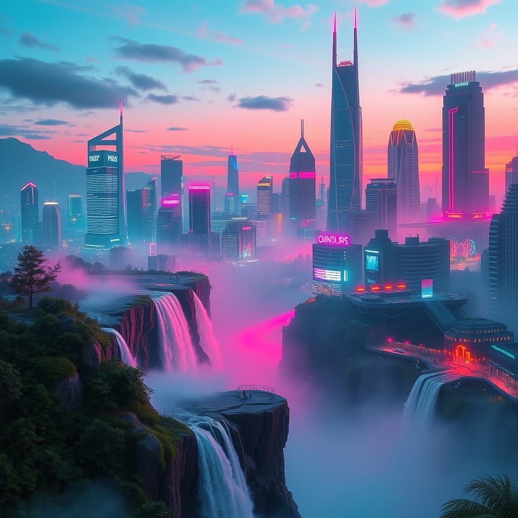 Futuristic Cityscape with Majestic Waterfall