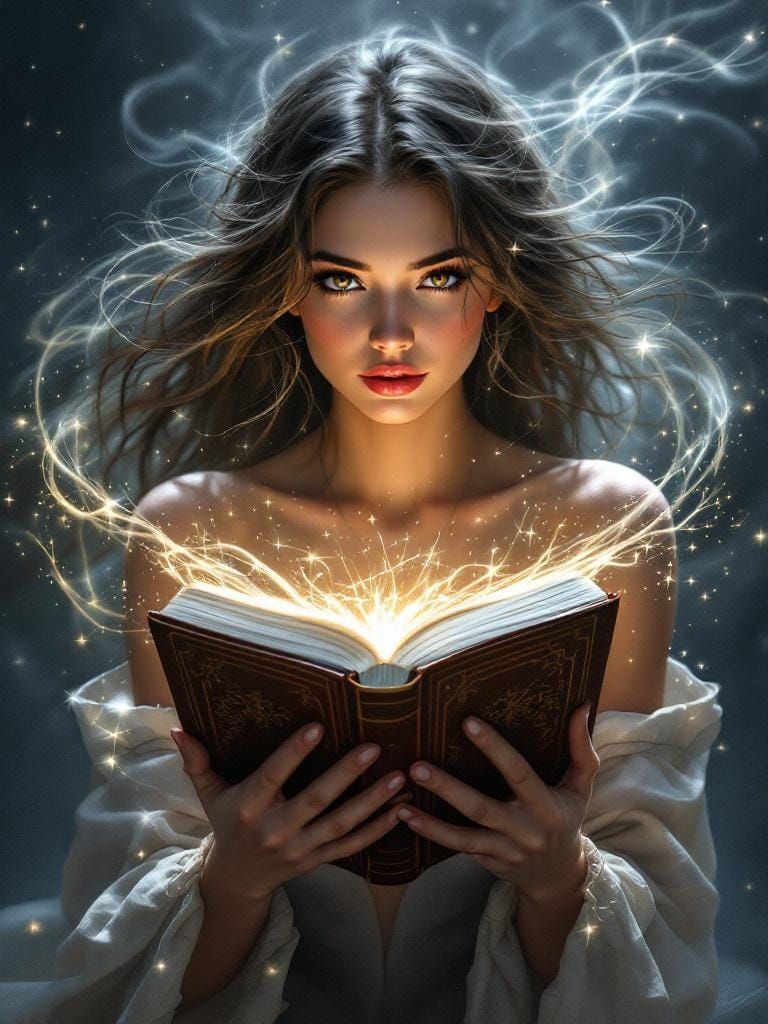 Woman Holding Magical Book in Romantic Realism Style
