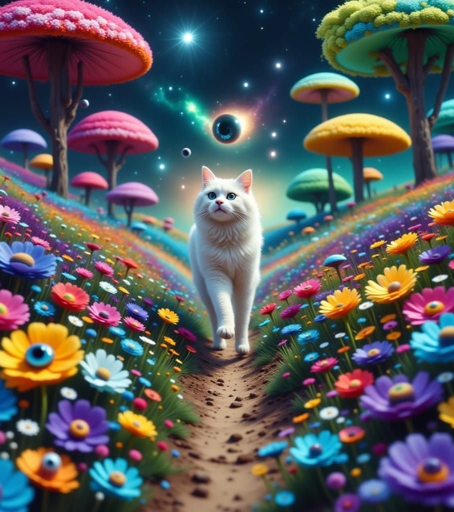 Whimsical Cat in Vibrant Alien Bloomlands