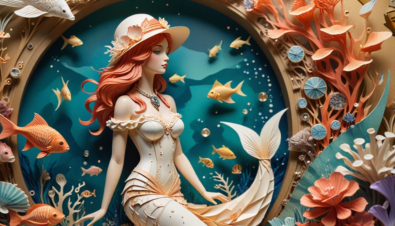 Steampunk Paper Cut Art of Woman and Mermaid
