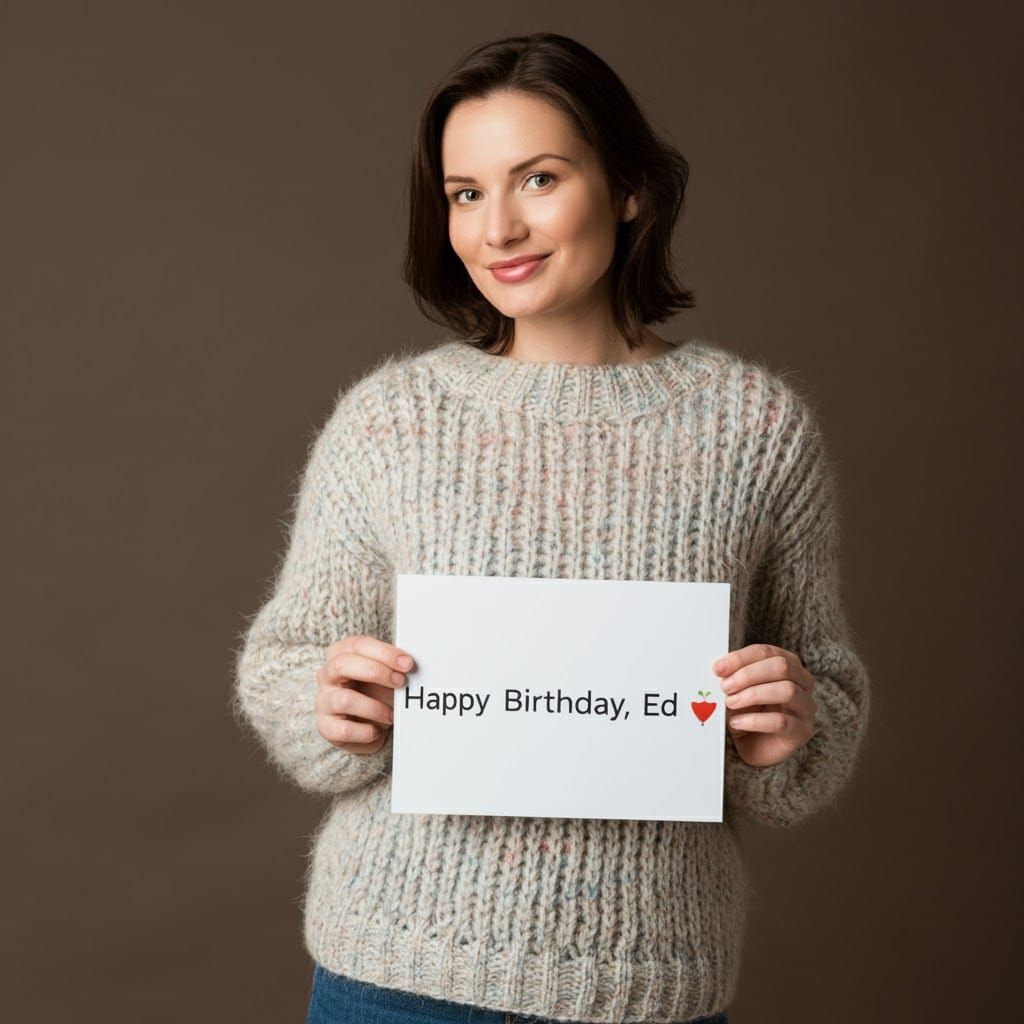 Woman in Angora Sweater Holds Birthday Sign