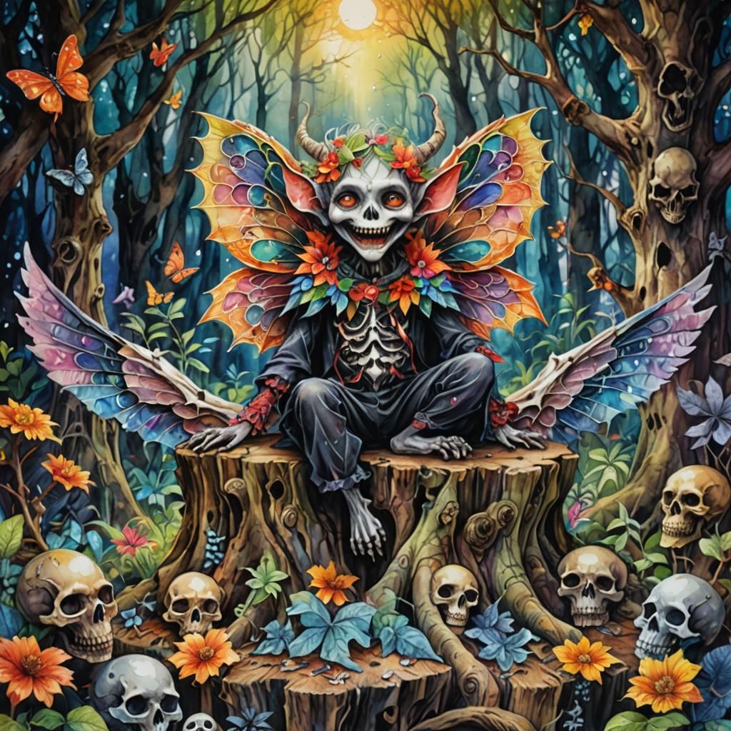 Cute Demon in Dark Forest, Gothic Watercolor Art