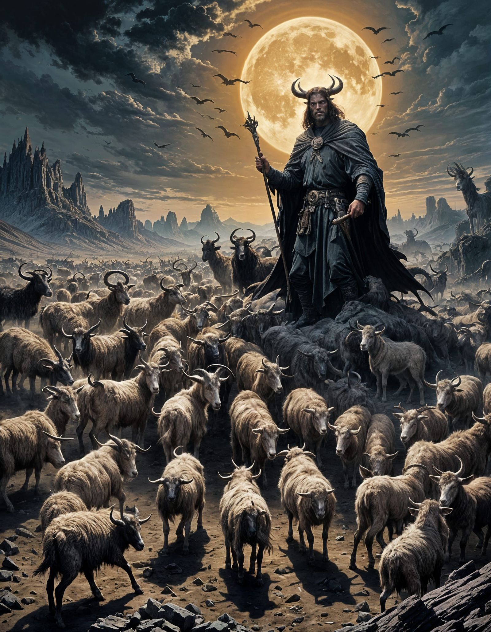 Evil Shepherd Herding Zombie Goats in Desolate Landscape