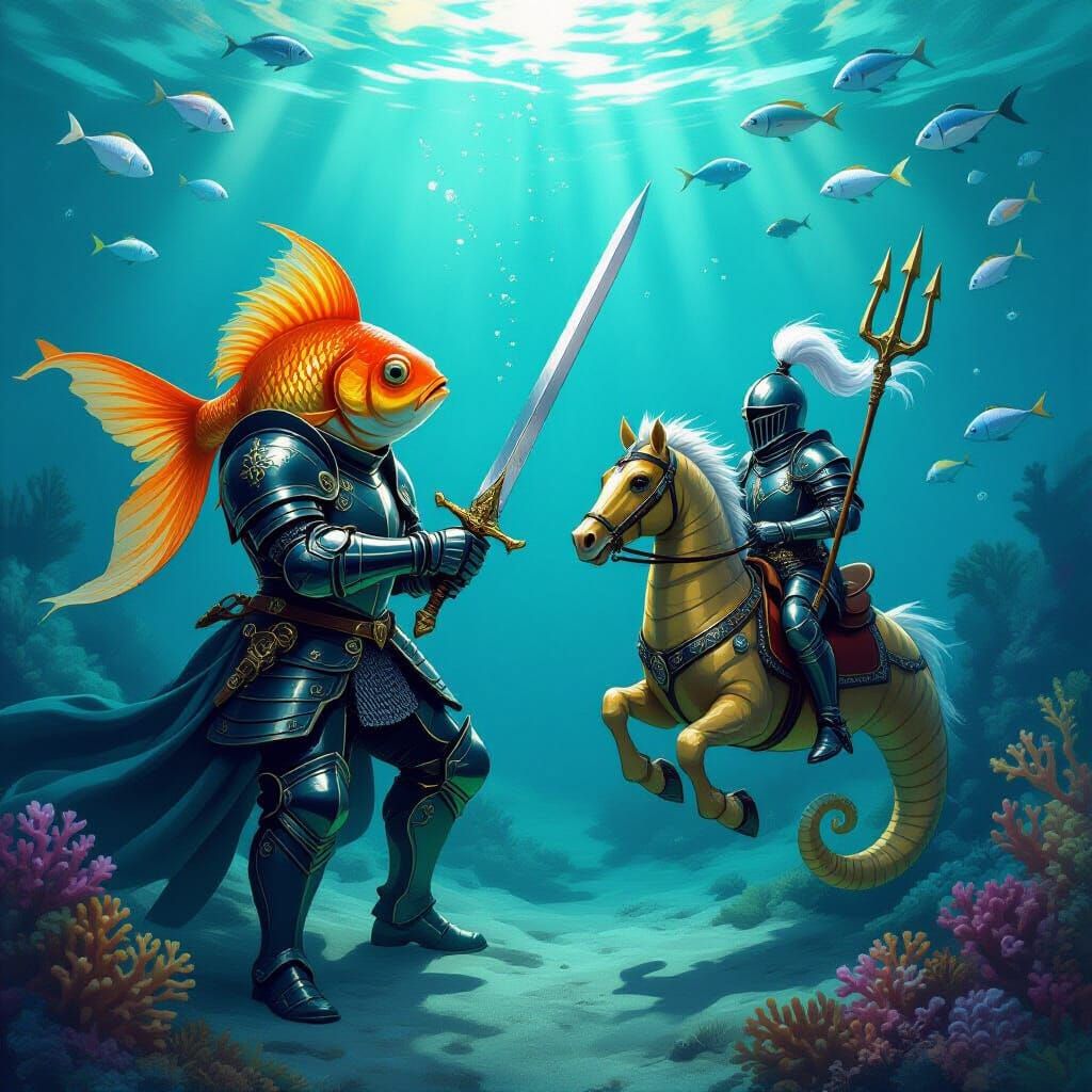 Goldfish Knight Jousts Eel Knight Underwater