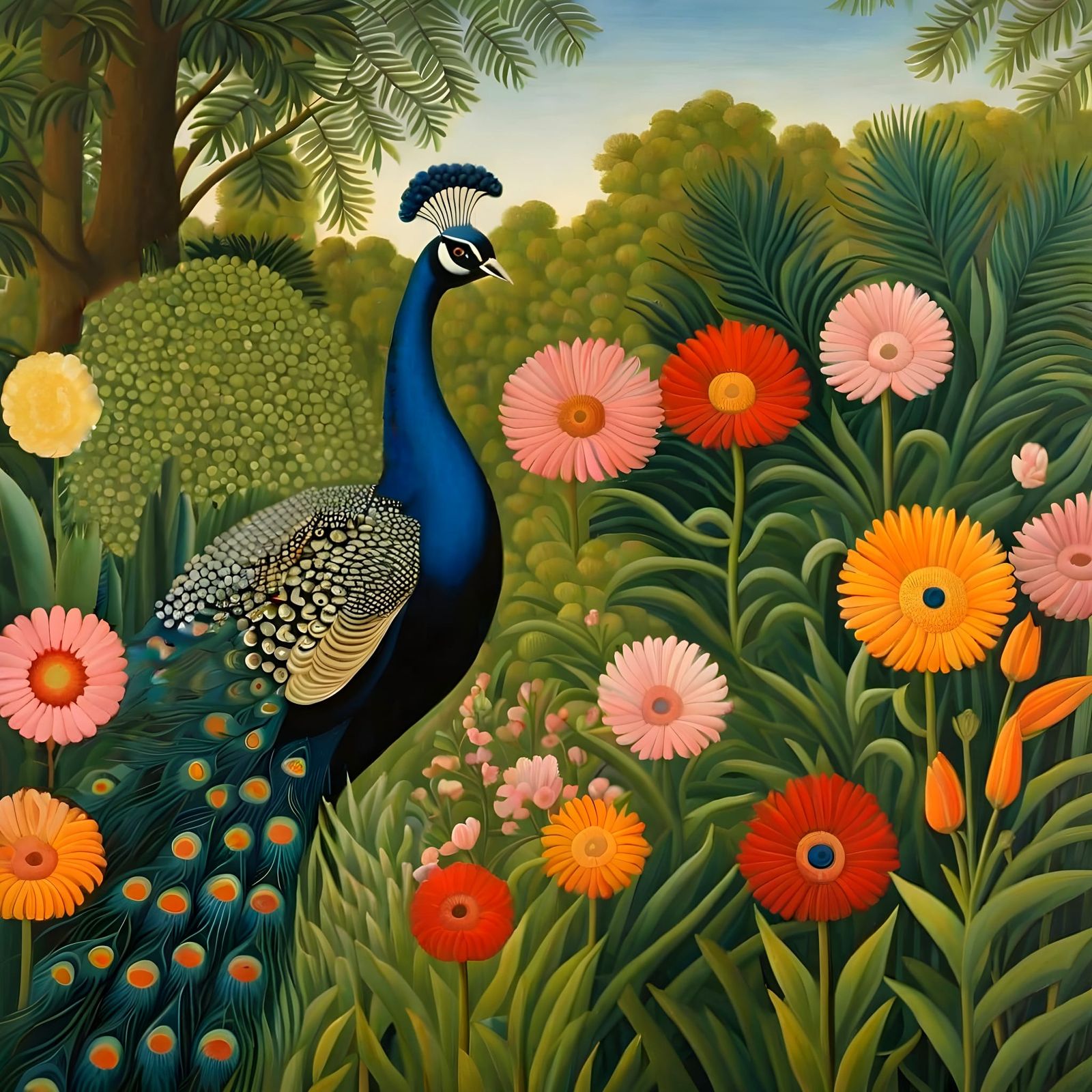 Peacock in Botanical Garden: Naive Art Style