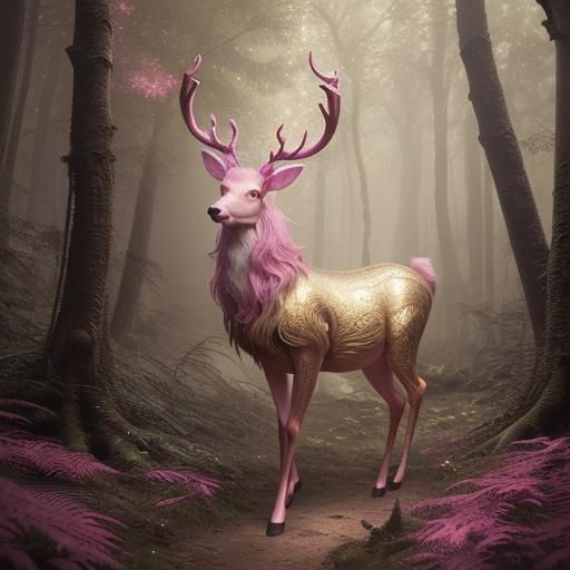 Pink Deer with Golden Horns in Magical Forest