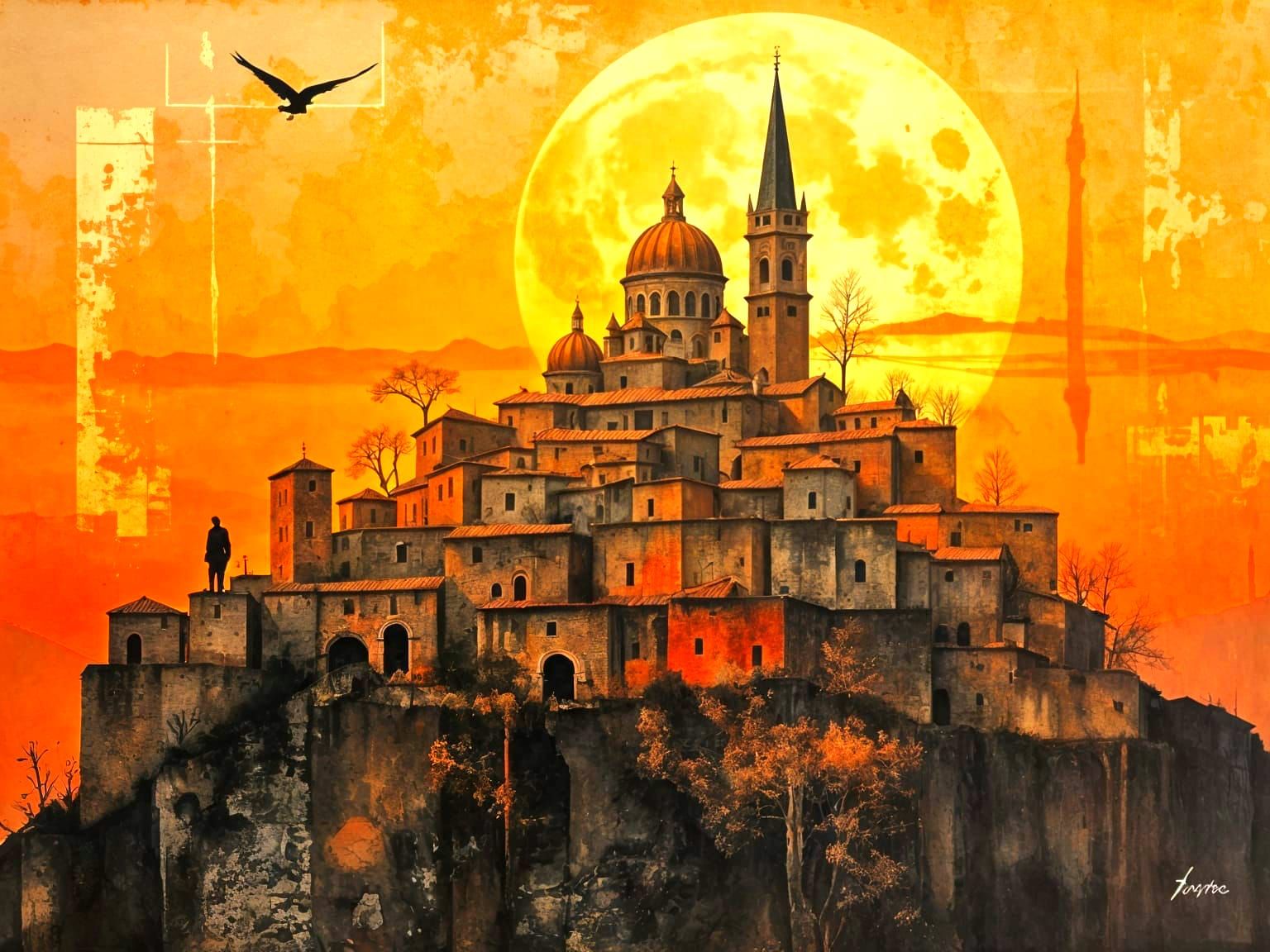Medieval Cityscape at Sunset Double Exposure Art