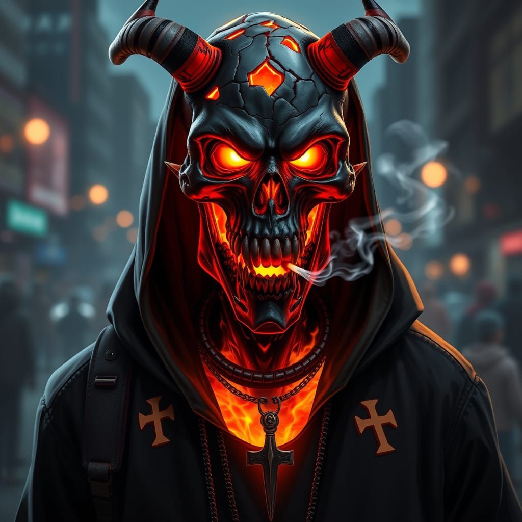 Demonic Humanoid with Lava Skin in Dystopian City