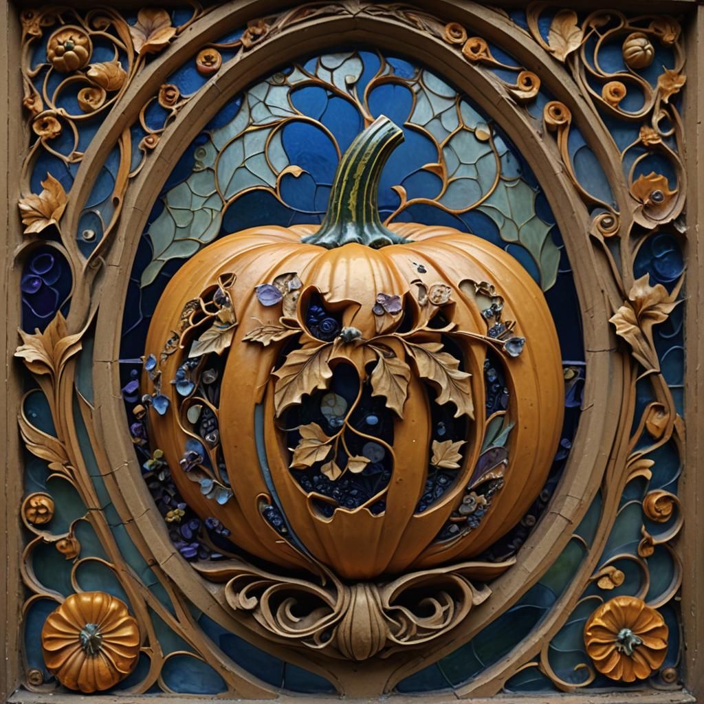 Art Nouveau Pumpkin on a Windowsill at Night