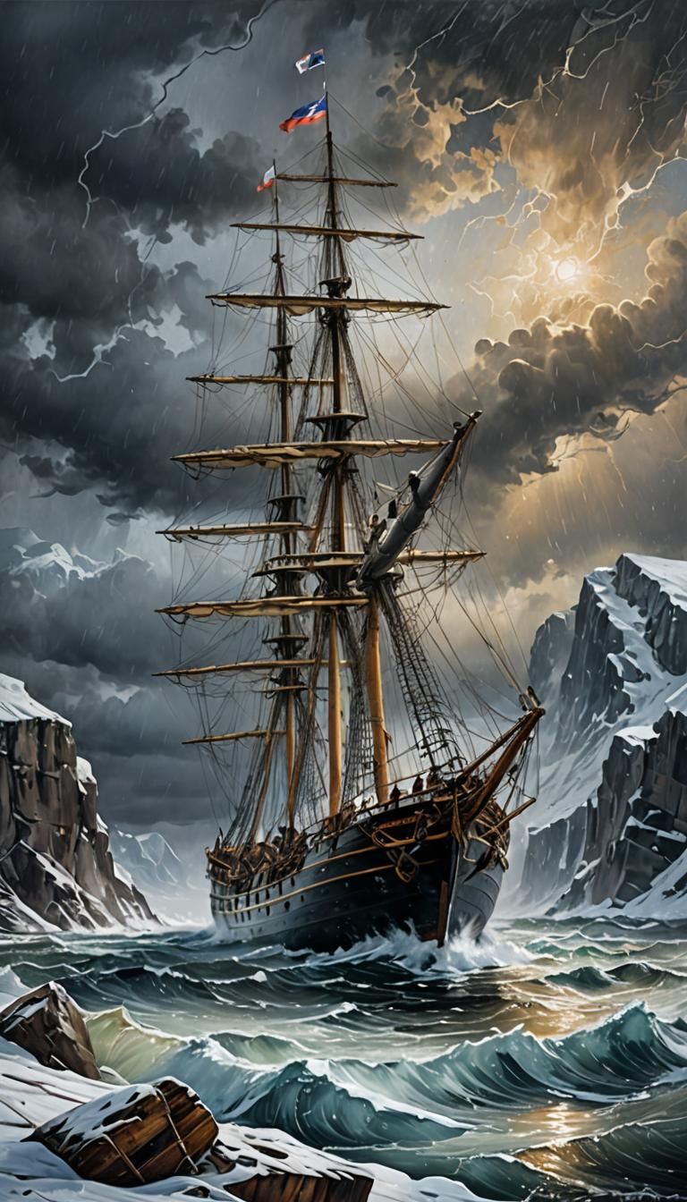 Barquentine Ship Trapped in Icy Sea, Oil Painting