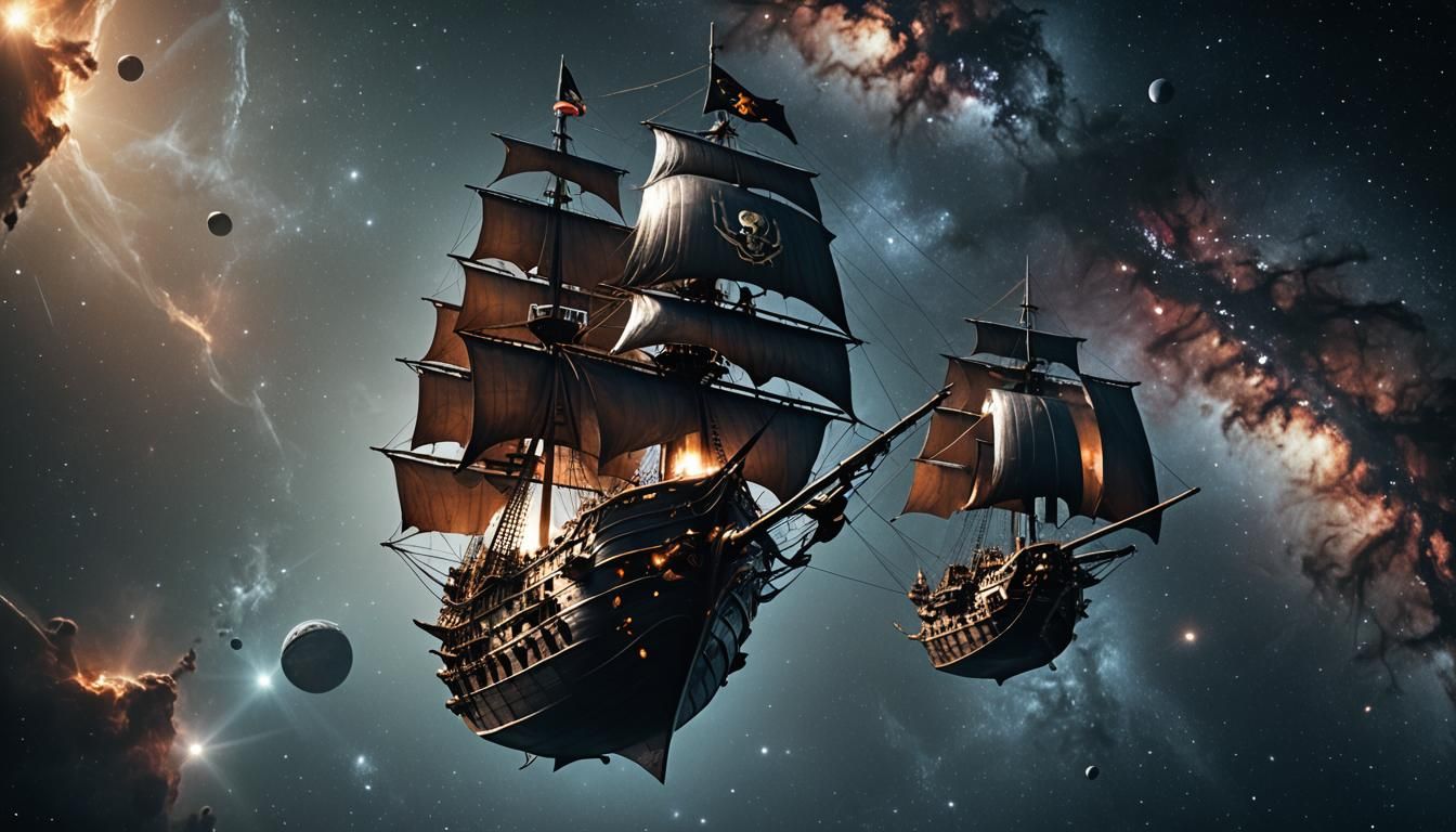 Futuristic Pirate Ship Sailing Through Starry Space