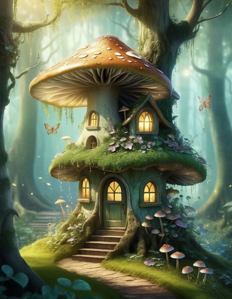 Whimsical Fairy in Enchanted Forest with Cozy Treehouses and...