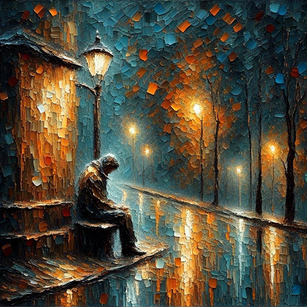 Lonely Man in Rain: Textured Impasto Painting
