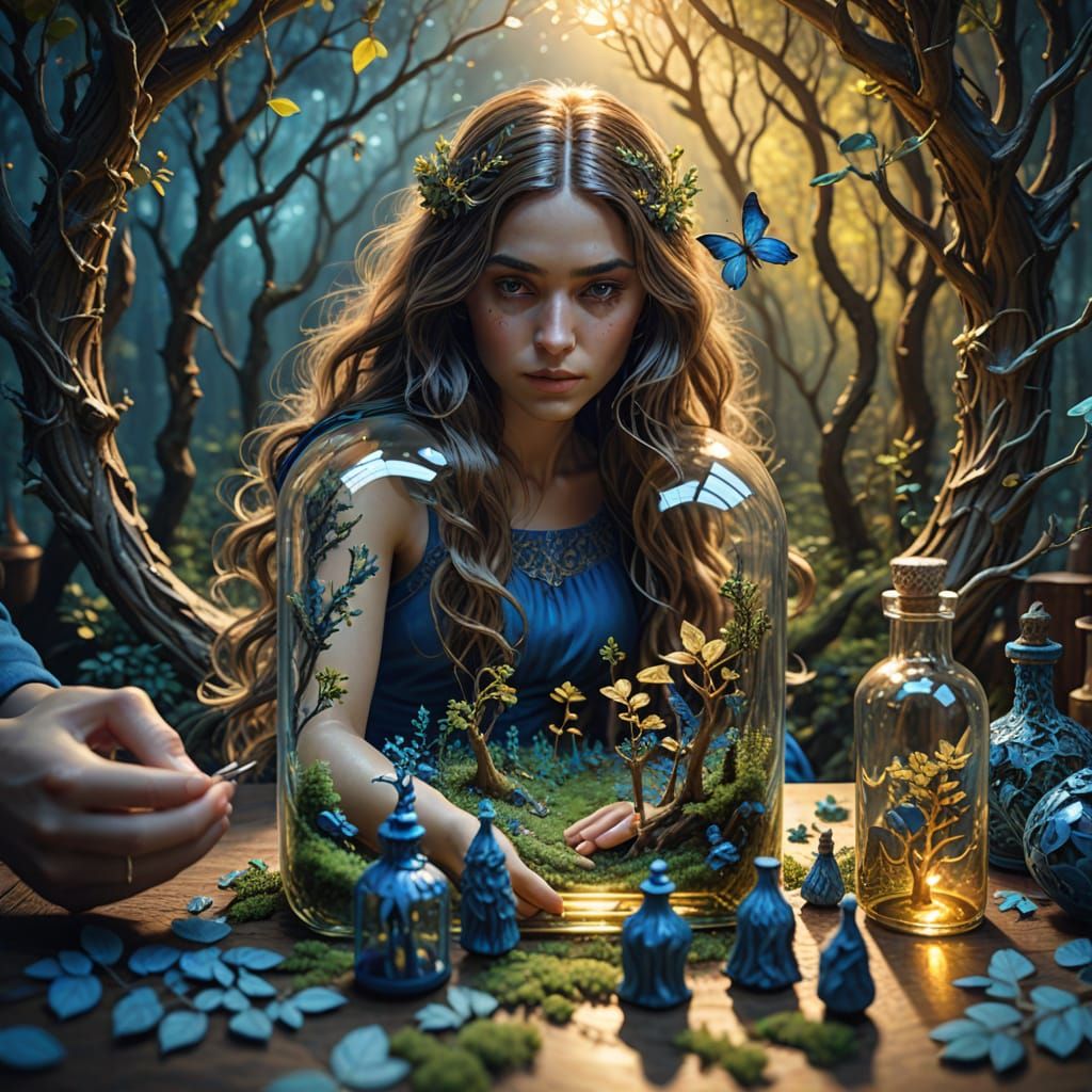 French Girl with Forest Landscape in Bottle