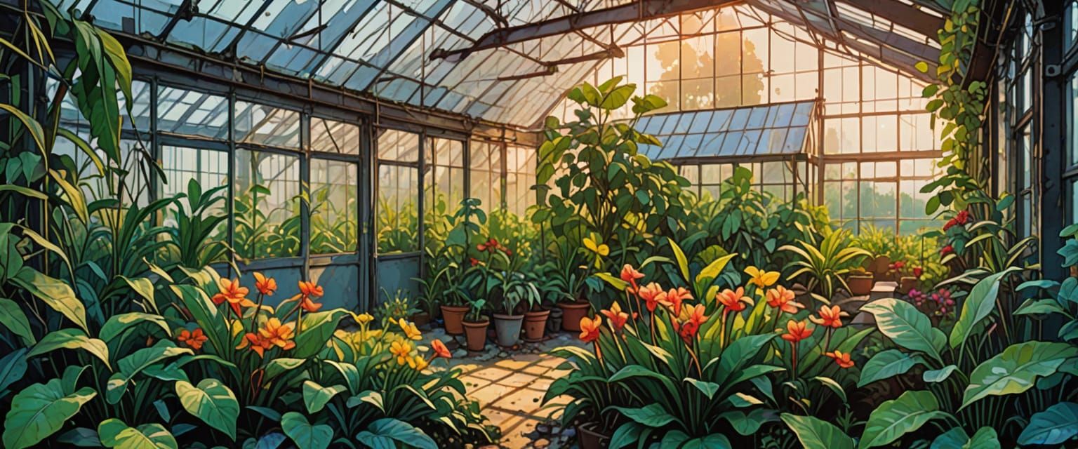 Ghibli-esque Watercolor Greenhouse in Abandoned Factory