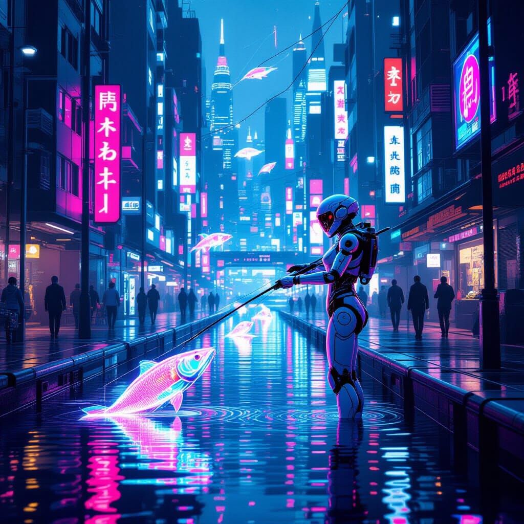 Robotic Woman Catches Cybernetic Fish in Neon Metropolis