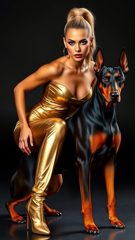 Glamorous Woman and Doberman in High Fashion Style
