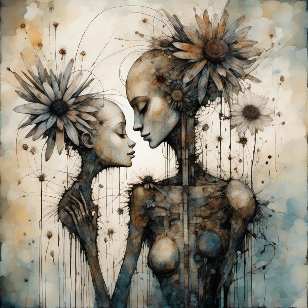 Cyborgs Kiss in Daisy Meadow, Pyrography Style
