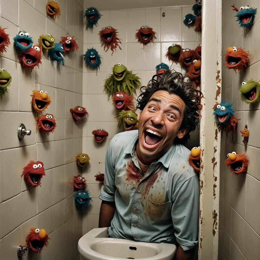 Laughing Man Trapped with Muppets: Photorealistic Image