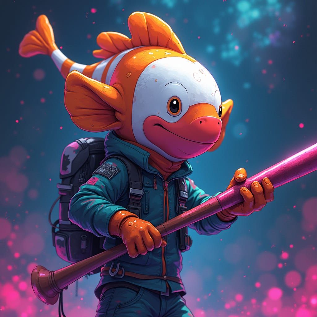 Vibrant Anime Clown Fish Wields Baseball Spear in Synthwave ...