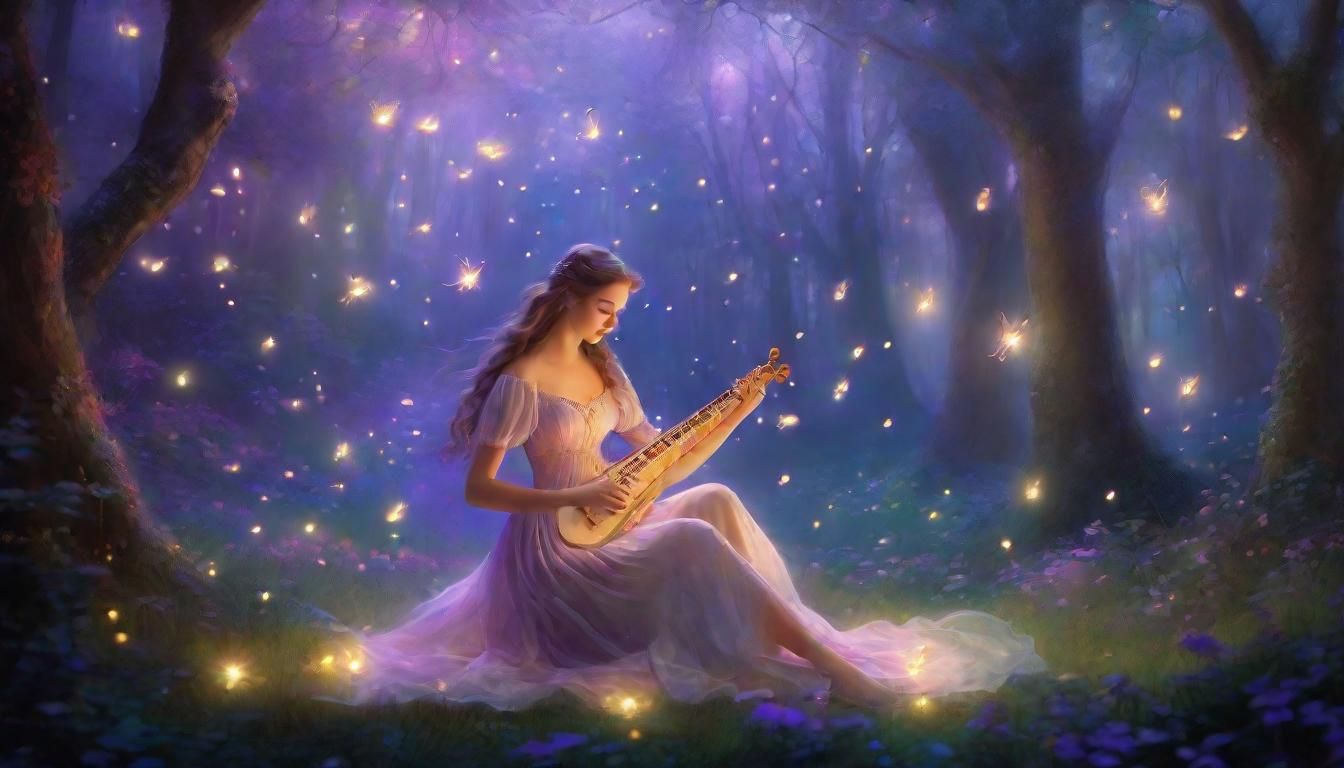 Ethereal Woman Playing Lyre in Forest Bubble