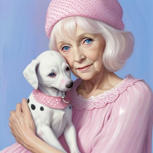 "Sweet cute 80 year old woman, blue eyes, dressed in pink dr...