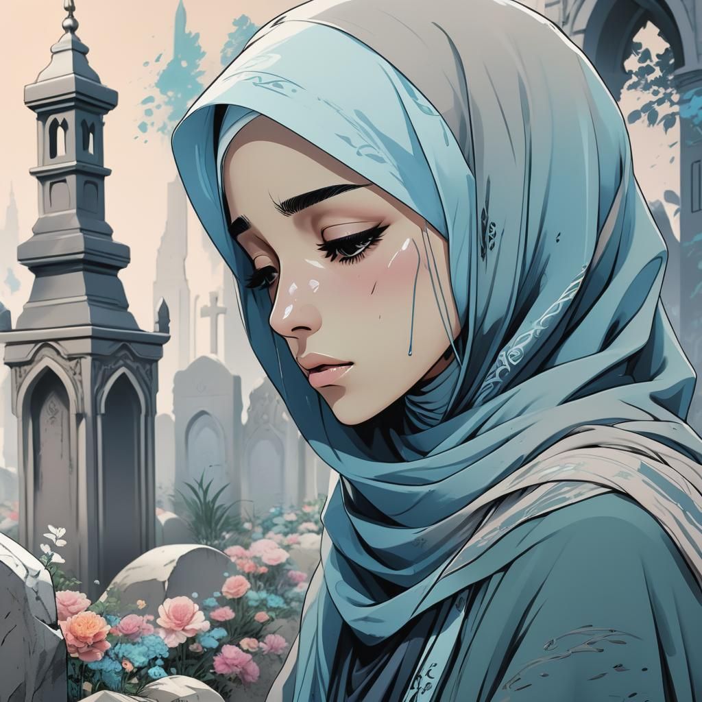 Anime Girl in Hijab Mourning at Grave