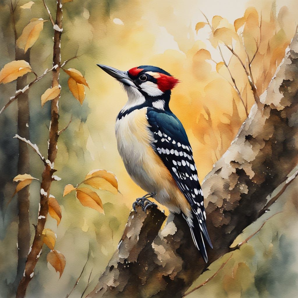 Woodpecker in Watercolour with Soft Feather Textures