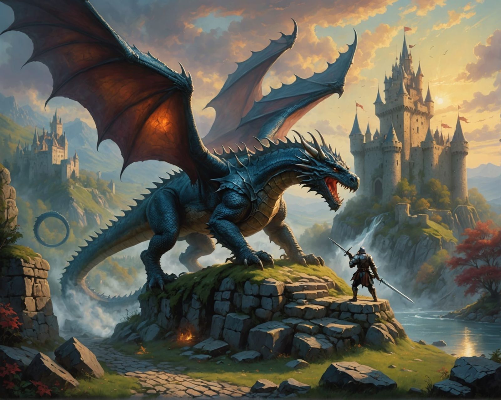Knight Slaying Dragon in Ethereal Oil Painting