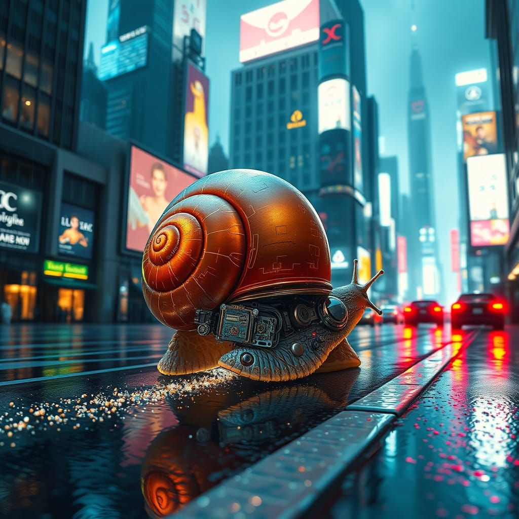 Cyberpunk Snail in Neon Cityscape