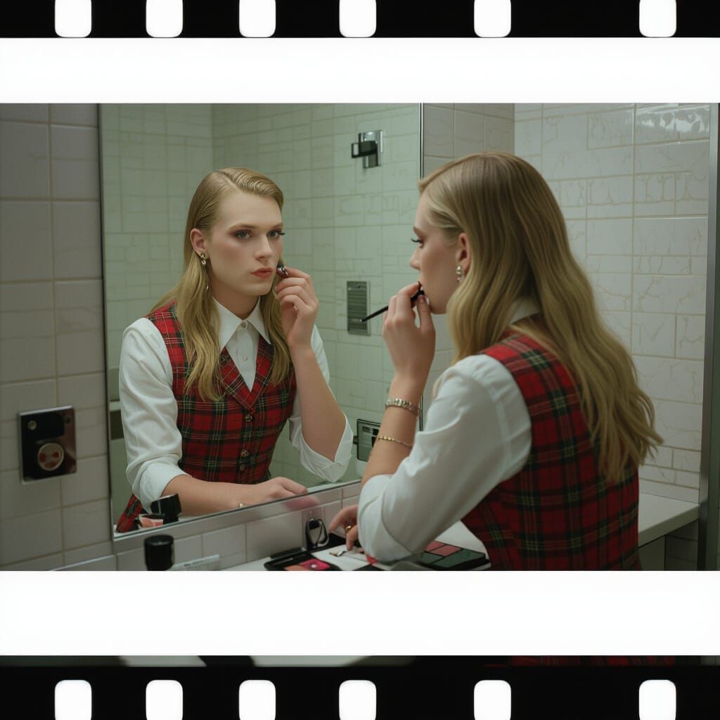 Young Man Applying Makeup in Formal Dress