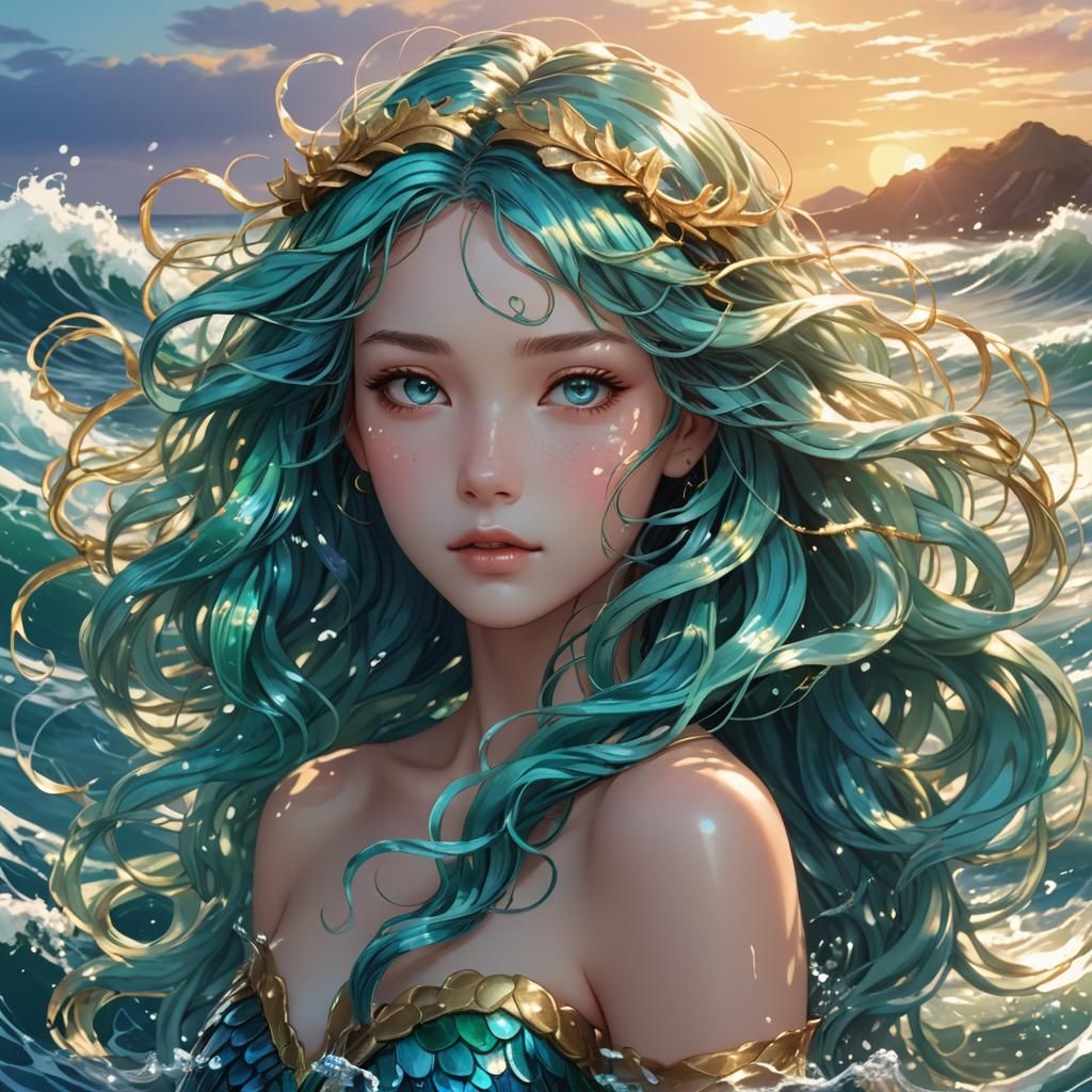 Enigmatic Ocean Siren in Anime Style
