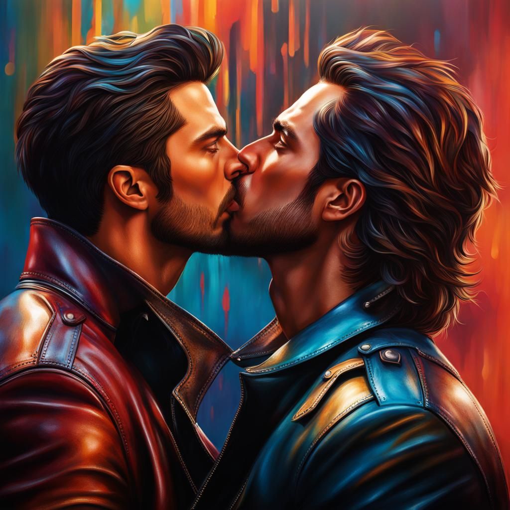 Hyperrealistic Kiss Between Men in Leather